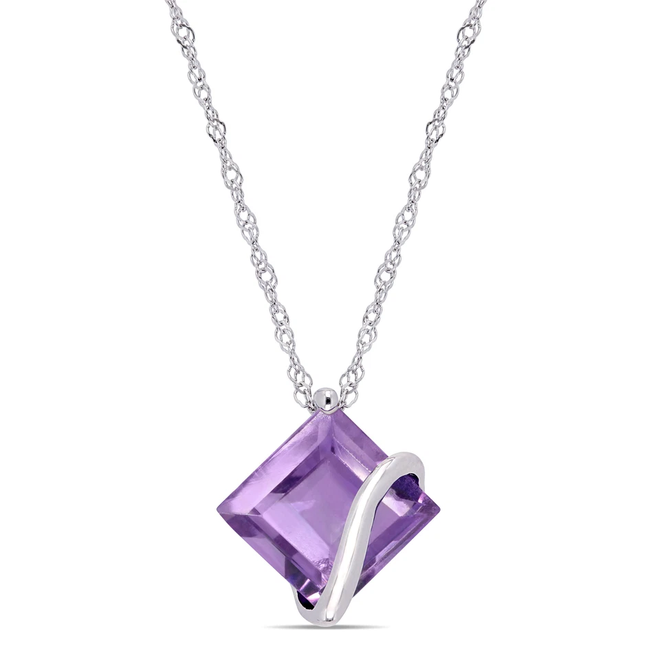 Amour 10k White Gold Square-Cut Amethyst Crossover Solitaire Pendant with Chain