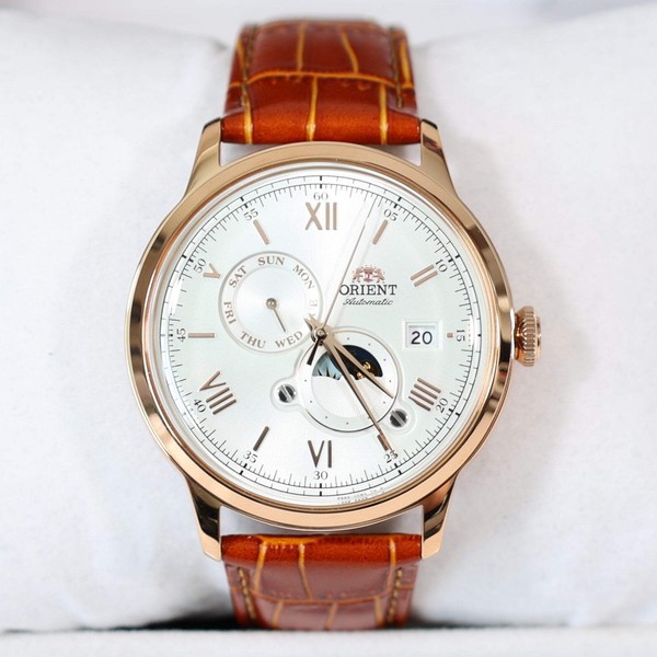 Orient Sol y Luna Esfera Blanca Hombre Automático Oro Rosa Tono Reloj RA-AK0801S30 2