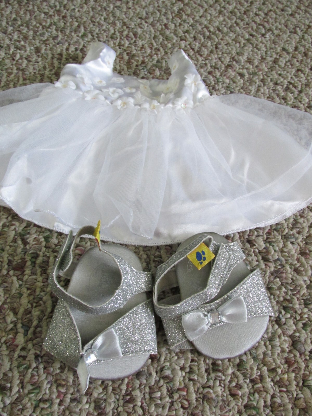 Build-A-Bear White Party Dress with Silver Heeled Sandals
