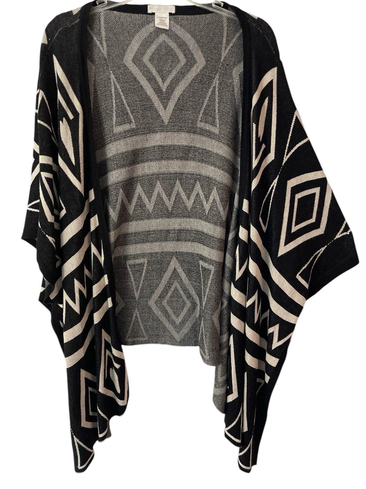 New York & Company Cardigan Womens OS Black White Poncho Open Front Stretch Knit