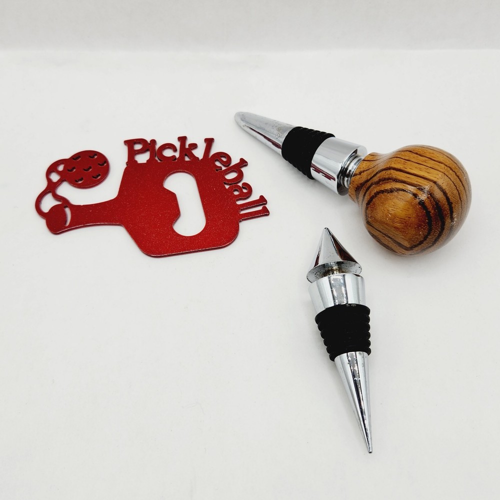 Red Pickleball Bottle Opener with 2 Wine Stoppers Set of 3