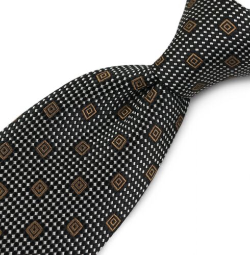 HUGO BOSS Tailored Silk Necktie Tie Black Gray Brown Geometric Italy