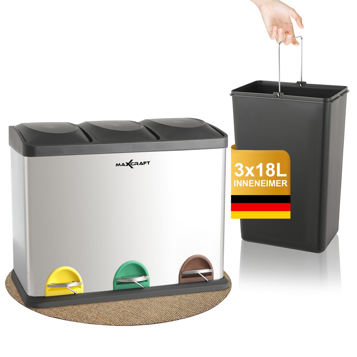 Poubelle à Pédale 60L MAXCRAFT - Acier Anthracite - Fermeture Douce - 2 Bacs - Neuf