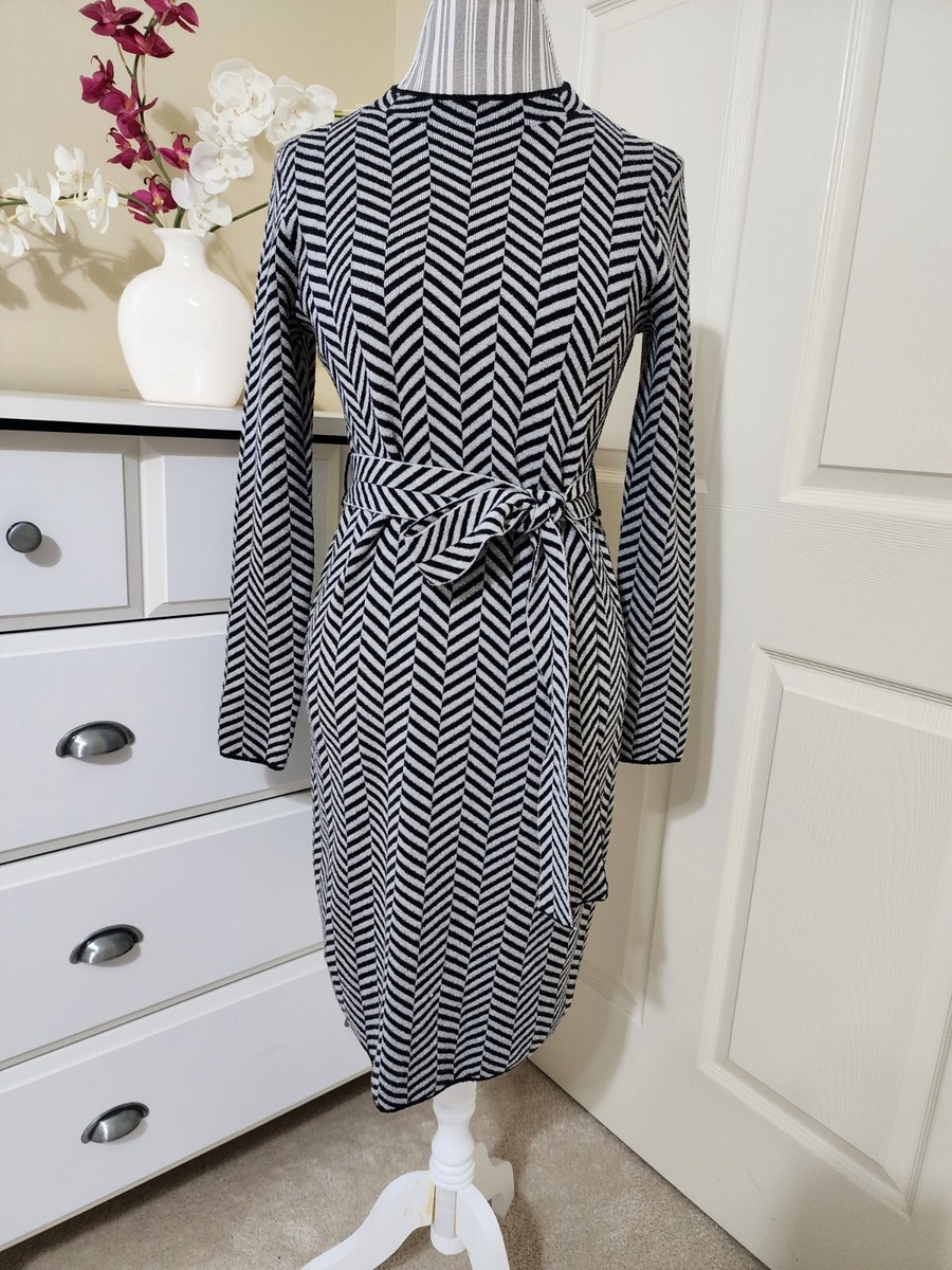 ann taylor dress long sleeve Ann Taylor Black Ivory Herringbone Sweater Dress Long Sleeve Tie Belt Sz. S