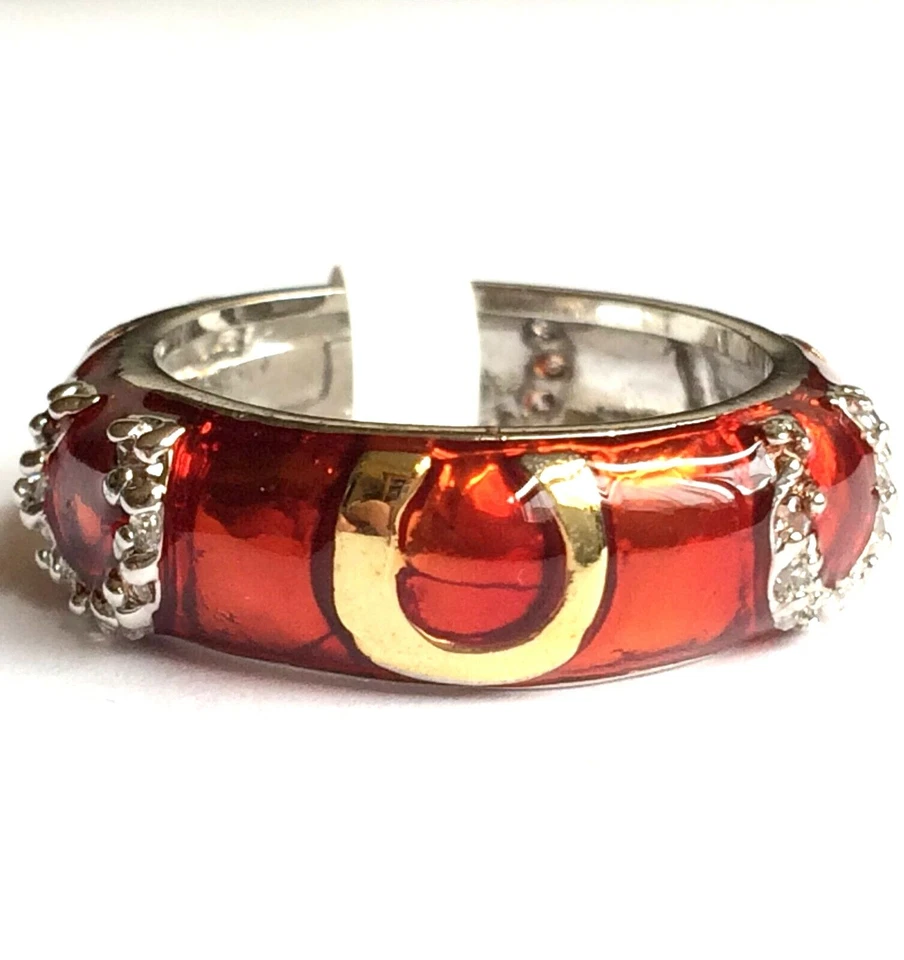 Red Enamel Ring Band Size 7 8 9 10 Cubic Zirconia Eternity Silver Rhodium Plated - Image 3 of 4