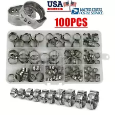 100pcs Assorted Hose Clamps Stainless Steel Ear Cinch Rings Crimp Pinch Kit
