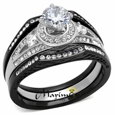 2.15Ct Halo Round Zirconia Black Stainless Steel Wedding Ring Set Womens Sz 5-11