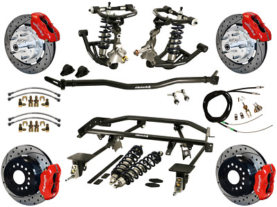 RIDETECH COILOVER & 4-LINK SYSTEM & WILWOOD DISC BRAKE KIT,12'' DRILLED,RED,67-69