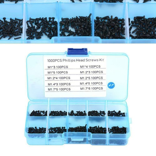 1000pcs Small Screws Cross Head Self-tapping Bolts Assortment Kit M1/1.2/1.4/1.7 - Afbeelding 1 van 10