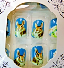 Beautiful Nails Shiny Blue with Easter Bunnies and Spring Flowers Short