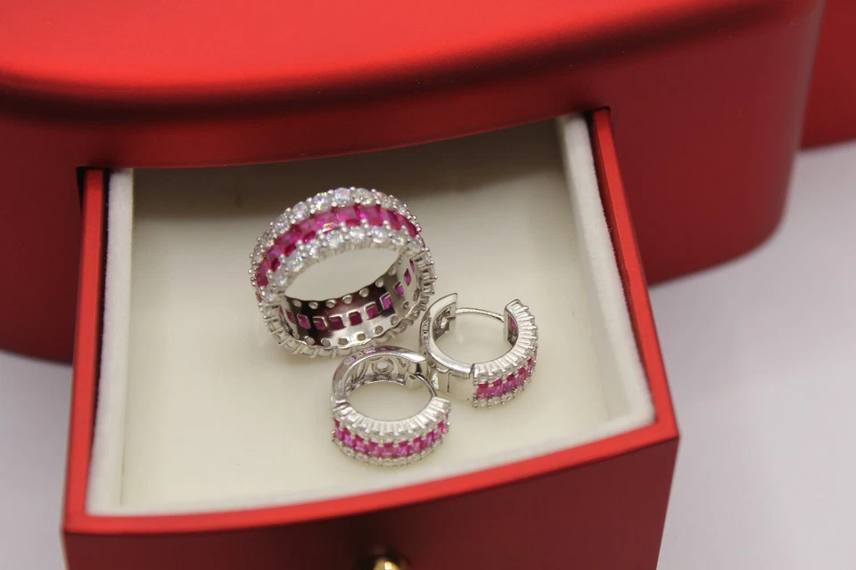 ORECCHINI ANELLO FASCIA ARGENTO ZIRCONI RUBINO E BIANCHI  BAGUETTE MIS 16 EXP - Immagine 3 di 4