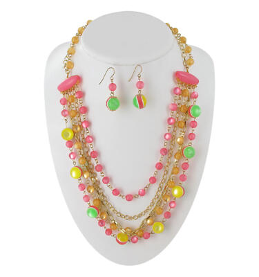 Pierced Earrings 1.75'' + Pink Candy Color Bead Layer Gold Tone Necklace Set 32''