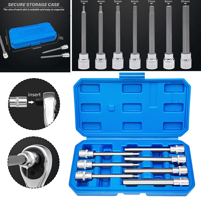 7Pcs 3/8" Drive 110mm Hex Wrench Bit Socket Allen Wrench Extra Long Set Metric - Image 4 of 4