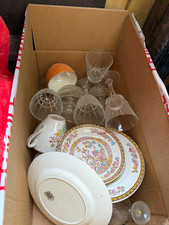 Job Lot Box of Mixed Pottery, Porcelain & Glassware &ndash; Plates, Cups, Glasses