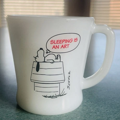 Vintage Fire-King Peanuts SNOOPY “Sleeping Is An Art” Milk Glass Coffee Mug