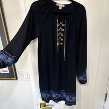 MICHAEL Michael Kors Women's Black Blue Gold Embroidered Lace-Up Shift Dress M