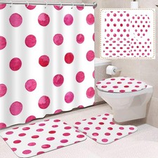 4 Pcs Bathroom Sets with Shower Curtain and Rugs Pink Polka Dot Bath Decor Wa...