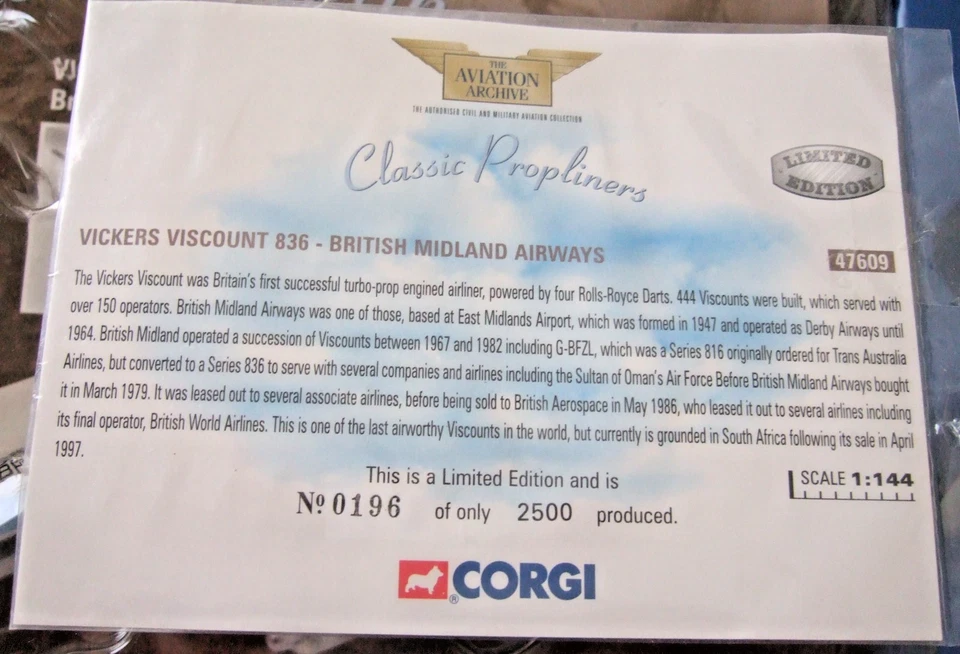 ARCHIVO DE AVIACIÓN CORGI VICKERS VISCOUNT 836 BRITISH AIRWAYS 1:144 47609 Foto 4 de 4