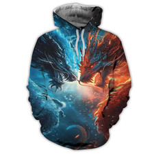 Fire and Ice Dragons Hoodie 3D Print Fantasy Blue Red Pullover Unisex Gift