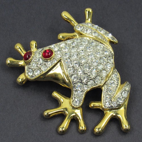 Large Frog Rhinestone Brooch Red Eyes Unbranded Pin Gold Tone