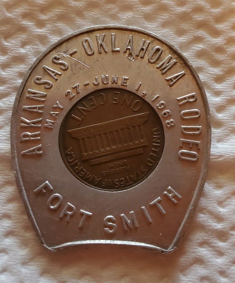 1968 D Good Luck Charm with A PENNY Coin ARKANSAS-OKLAHOMA RODEO FT ...