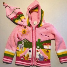 Peruvian Wool Size 2 3 Hooded Sweater Zipper Pink Traditional Arpillera Woven