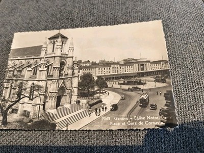 Geneva Old Cars Tram Cathedral RPPC Switzerland Postcard