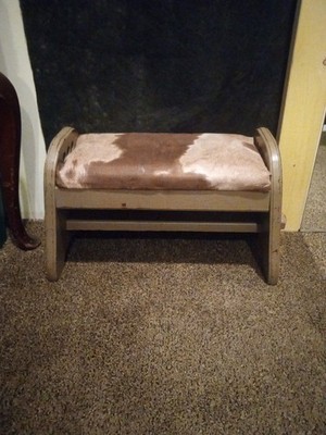VINTAGE ONE-OF-A-KIND FOOTSTOOL Rustic Build With Cow Hide Covering 