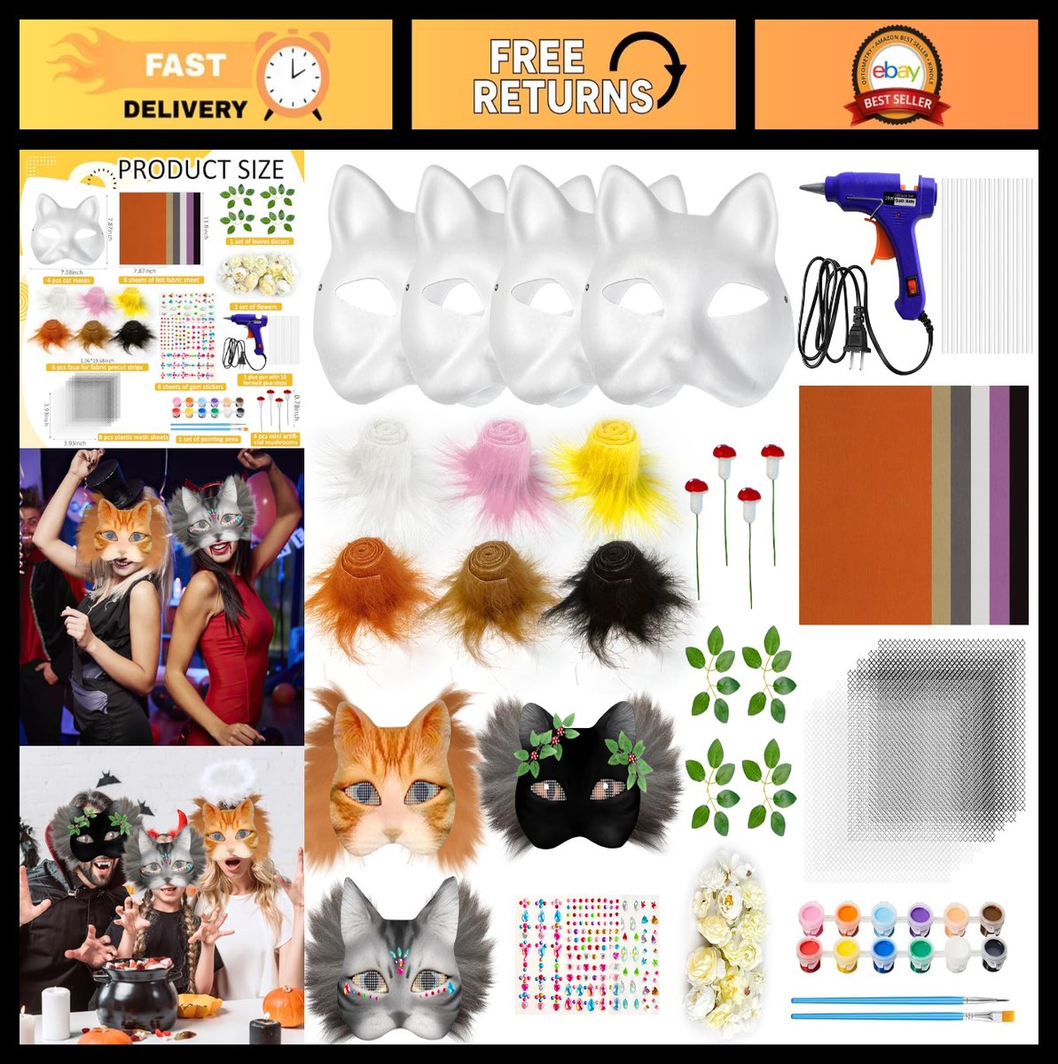 DIY Cat & Fox Mask Making Kit - 51 Pcs Craft Set with Blank Masks