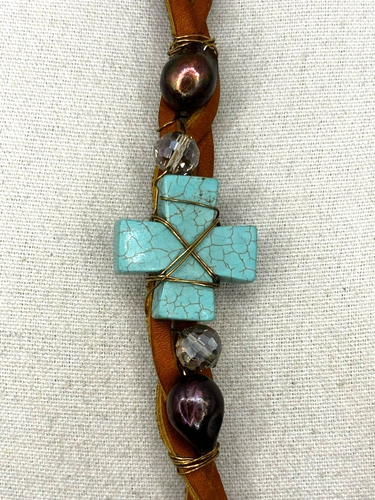Braided Leather Square Cross Stone Crystal Baroque Keshi Pearl Charm Bracelet - Picture 15 of 22