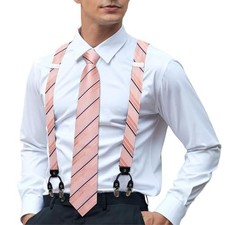 Men's Suspenders and Tie Set Silk Adjustable Elastic Y Braces with Light Pink