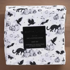 Cynthia Rowley Halloween King Sheet Set Black Cats Ghost Pumpkin 4Pc Cotton