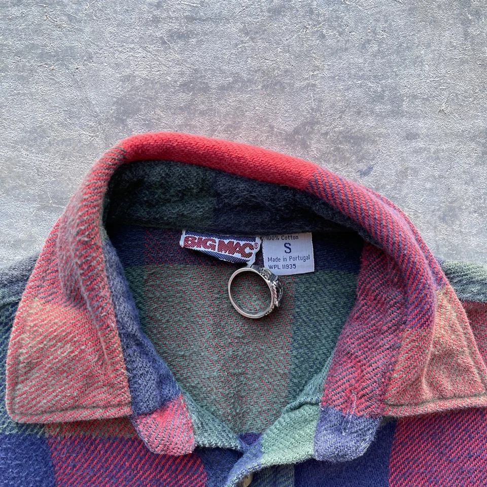 Camisa de franela sanforizada Big Mac vintage años 60 a cuadros pequeña desteñida roja verde azul Foto 2 de 4
