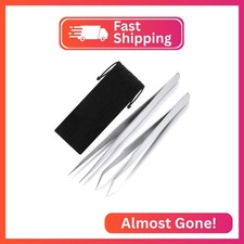 2 Pieces Straight and Curved Tip Tweezers Eyelash Extension Tweezers, Stainless