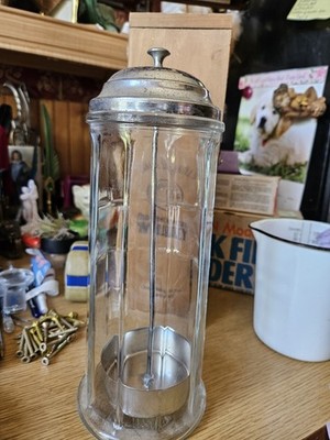Vintage Gemco Glass Barber Comb Straw Holder 11'' Tall Metal Lid Container Jar