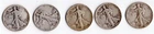 Lot of 5 Walking Liberty Half Dollars - 90% Silver - 1941, 1942, 1943, 1945, 194
