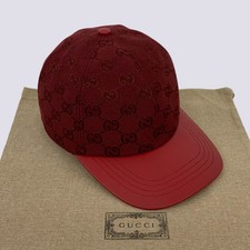 Gucci GG Monogram Logo Canvas & Leather Baseball Cap Hat Red Size M