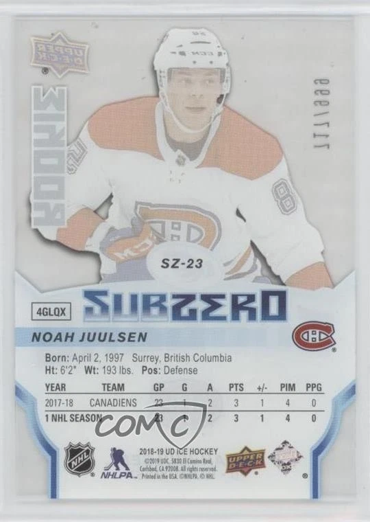 2018-19 Upper Deck Ice Sub Zero Rookie /999 Noah Juulsen #SZ-23 Rookie RC - Image 2 of 2