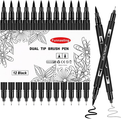 Filzstifte, 12er Pack Schwarz Marker Farbstifte, Dual Tip Brush Pen für Erwachsene