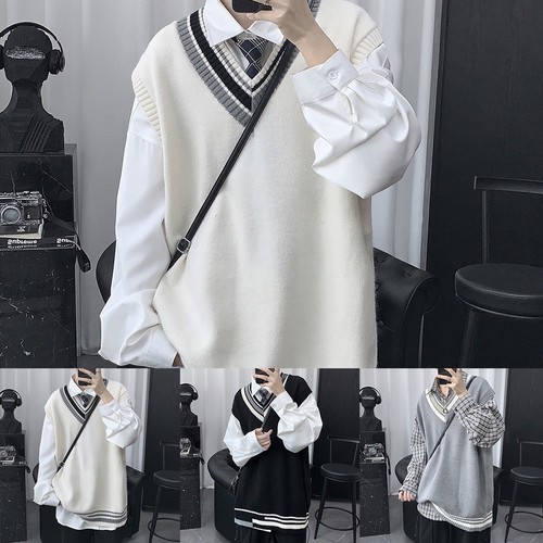 Mens Knitted V Neck Vest Stylish Sleeveless Pullover in Striped Design - Picture 2 of 24