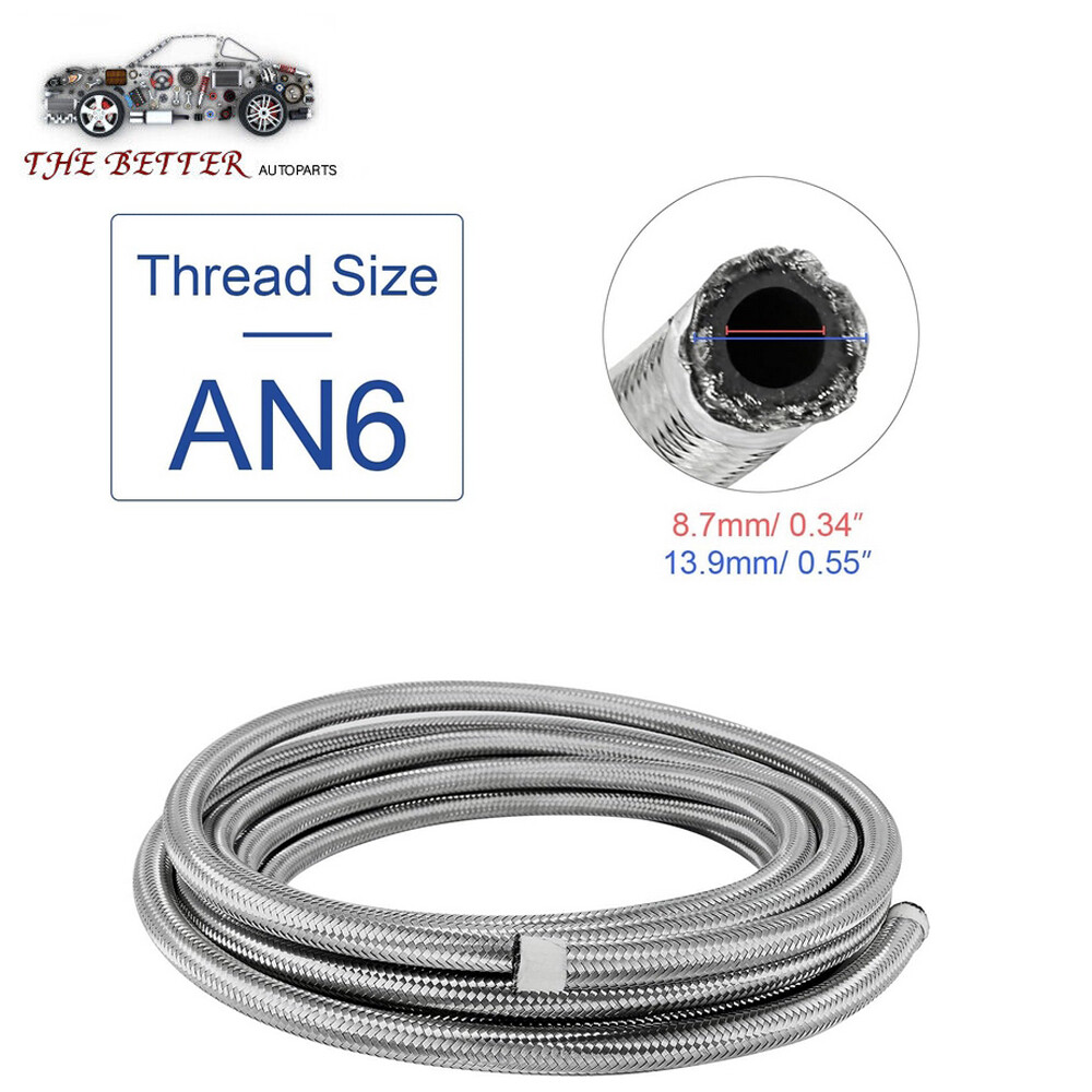 6AN AN6 Stainless Steel Braided CPE Line Hose for Fuel Oil Gas Silver 10FT/20FT