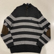Chaps Men's Sweater blue gray striped with Elbow Patches Size XL NWT