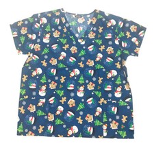 Womens Fashion Medical Nursing Scrub Tops Navy Base Snowman 2XL