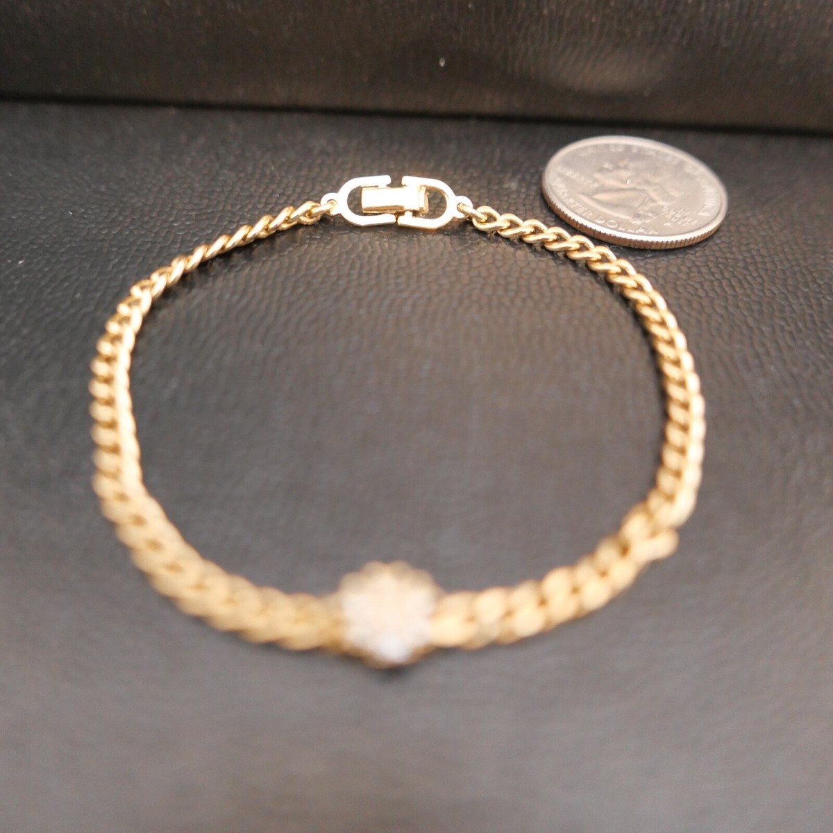 Vintage signed Christian Dior Crystal Flower Gold tone Bracelet 6