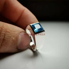 Natural Blue Topaz Gemstone with 925 Sterling Silver Ring for Men's #637