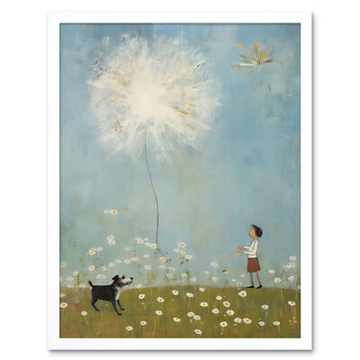 Chasing the Giant Dandelion Dream Artwork Giant Wish Framed Wall Art Print 9X7''
