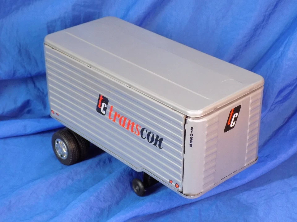 Remolque tractor TransCon vintage con dos tándems y carretilla juguete de fricción de estaño probado Foto 3 de 4