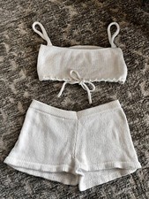 handmade white crop top shorts crochet set size S