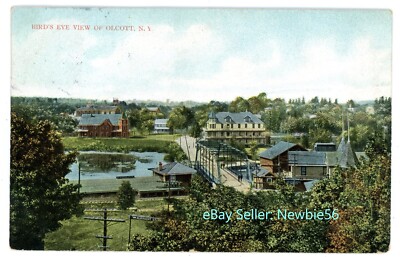 Olcott NY - BIRDSEYE VIEW OF VILLAGE & RAILROAD - Postcard Niagara County