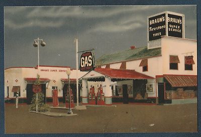 BRAUNS SUPER SERVICE WAHPETON ND FIRESTONE PHILLIPS 66 1939 CIRC MODERN POSTCARD